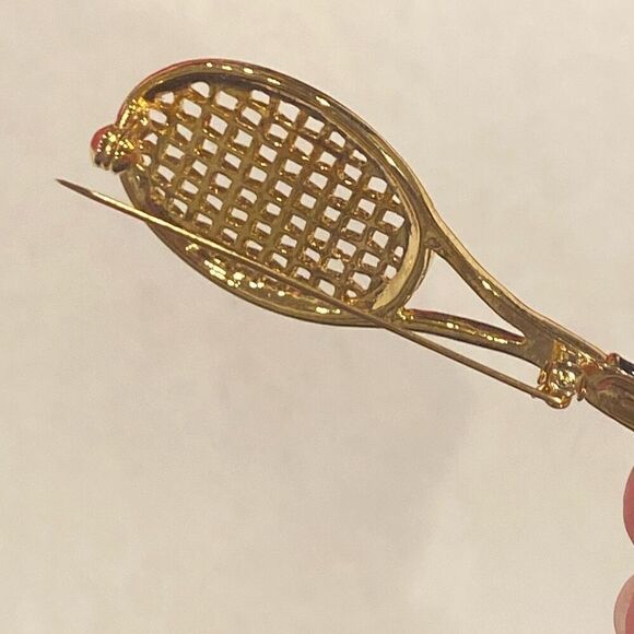 Tennis Racquet Brooch Pin Black and Gold Tone - Picture 6 of 6